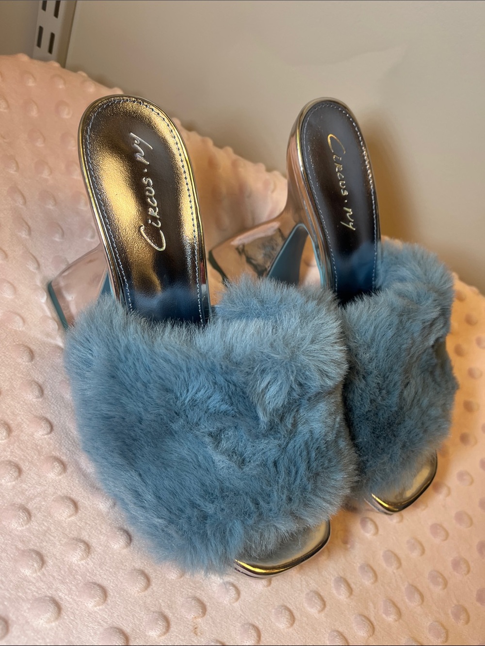 Circus by Sam Edelman Dusty Blue Faux Fur Clear Strap Mules